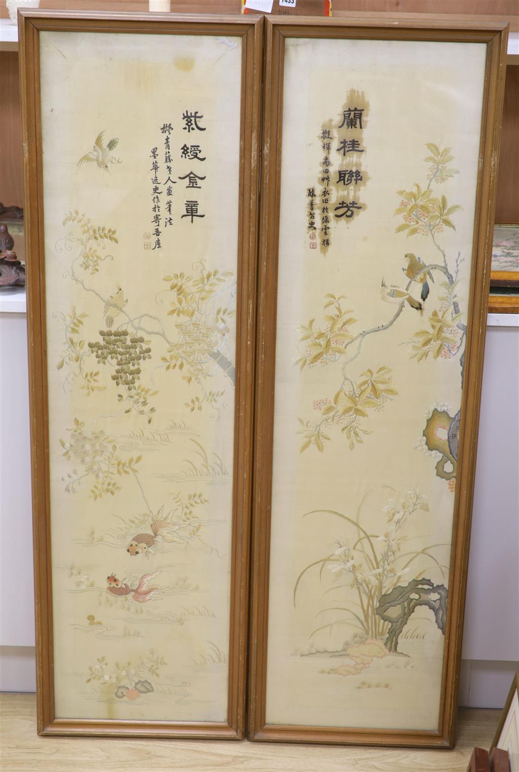 Two Japanese embroidered panels, width 34.5cm height 134cm